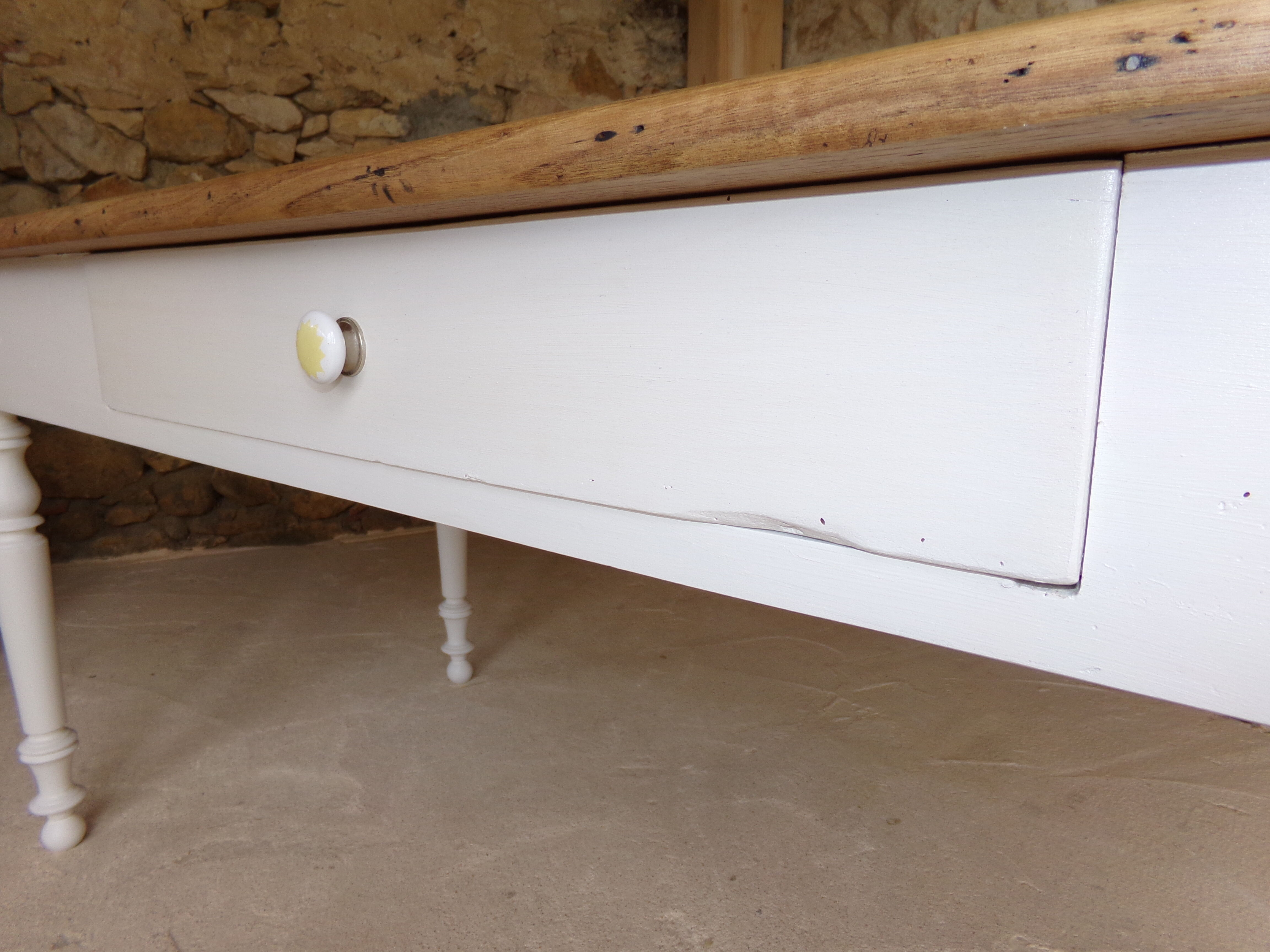 Old farm table turned feet