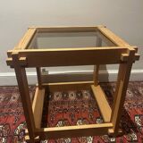 Brutalist table in wood and smoked glass