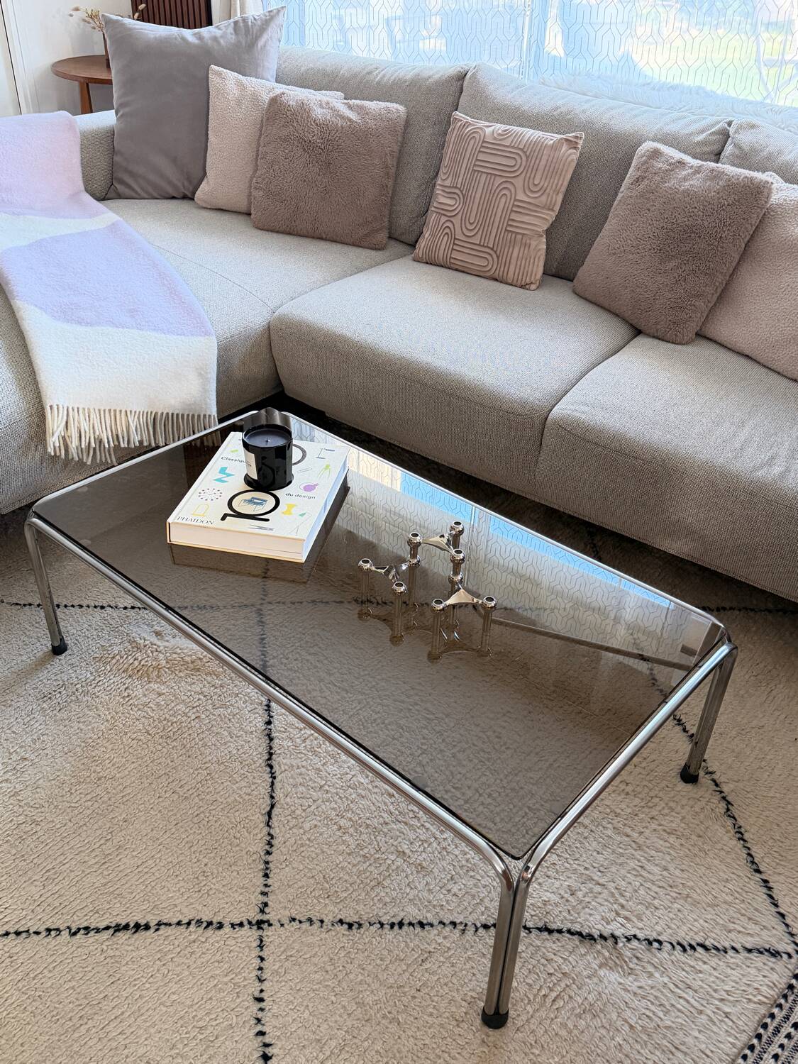 Ancienne table basse chrome et verre fumé vintage