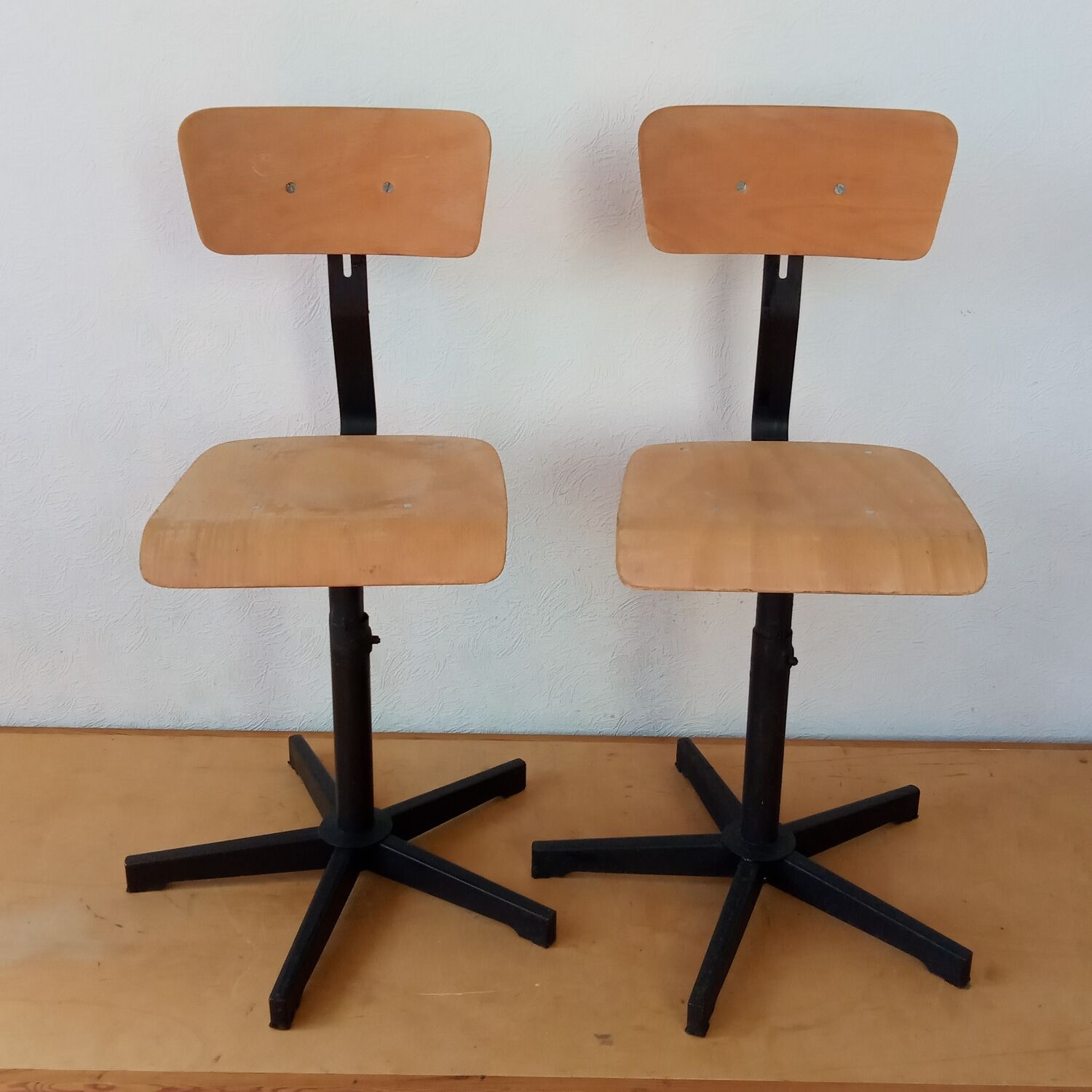 Pair of high workshop bar chairs