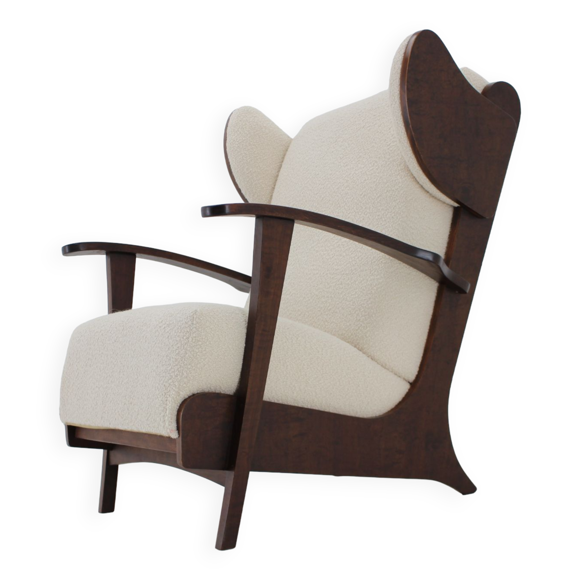 1940s large wing chair in wool boucle, restored