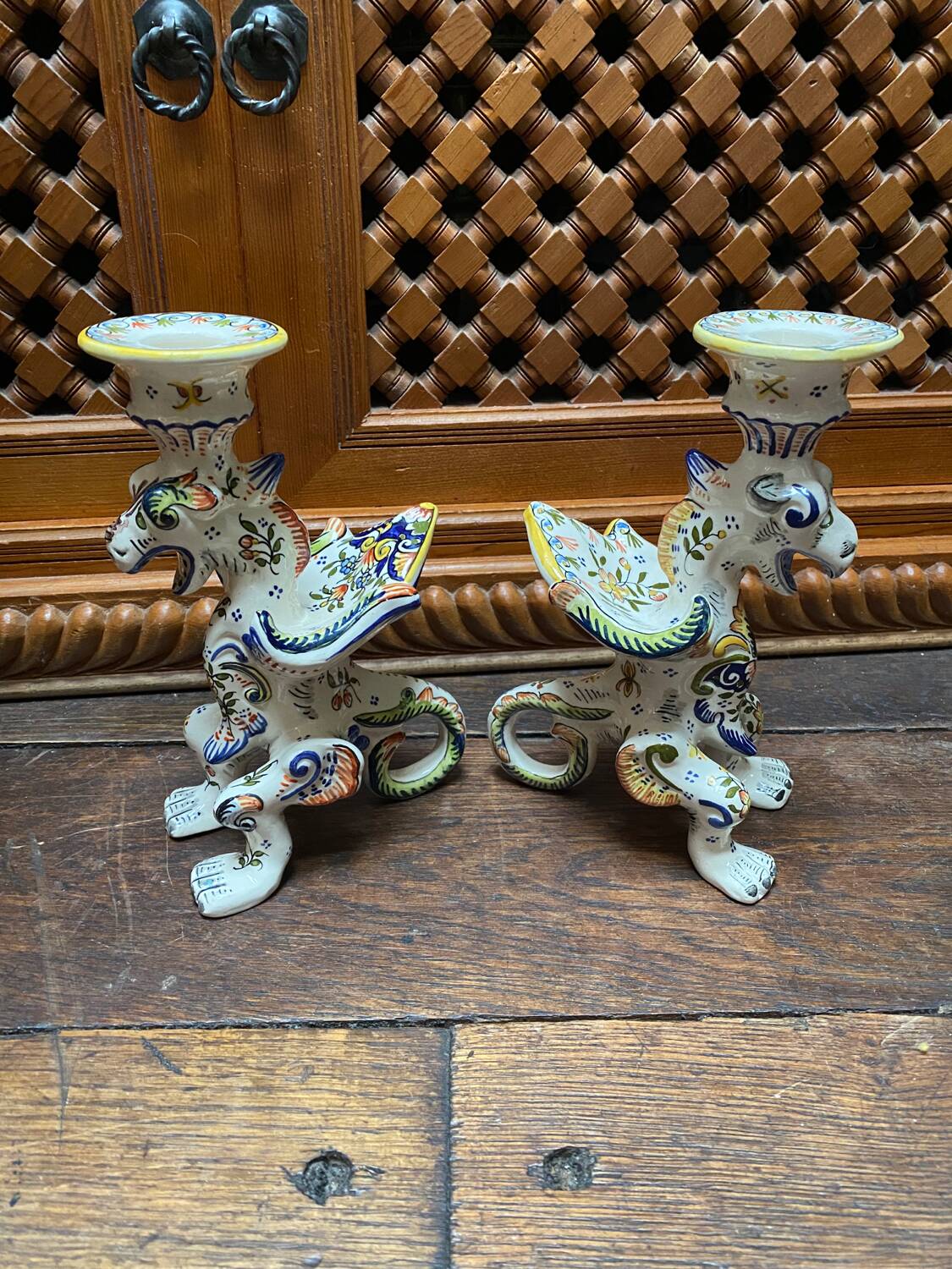 Griffon candlesticks in Old Rouen earthenware