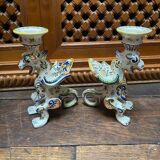 Earthenware griffon candlesticks Old Rouen