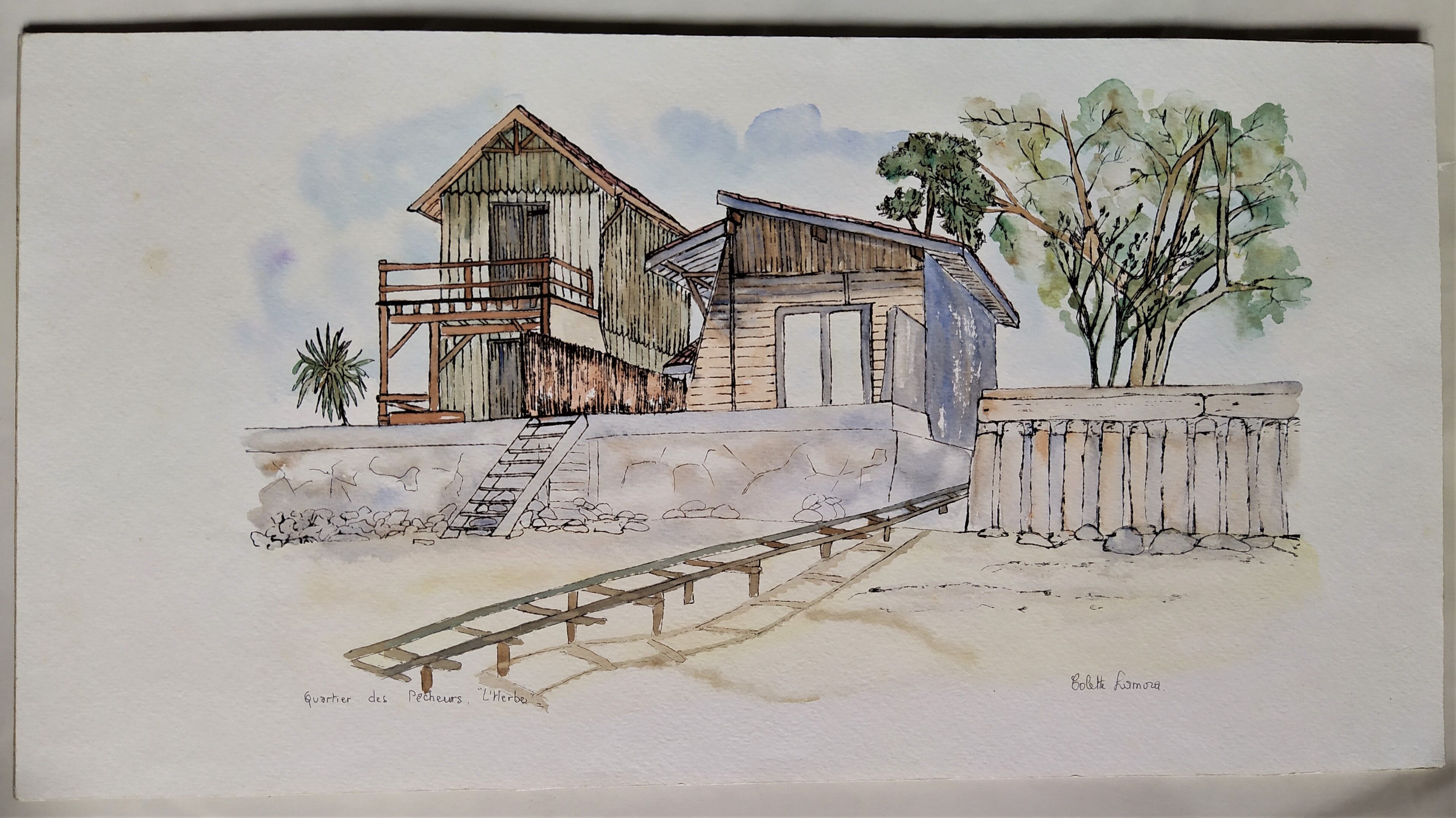 Watercolor lithograph 1980's "Cap-Ferret, 'L'Herbe' le quartier des pêcheurs"