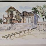 Watercolor lithograph 1980's "Cap-Ferret, 'L'Herbe' le quartier des pêcheurs"