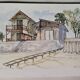 Watercolor lithograph 1980's "Cap-Ferret, 'L'Herbe' le quartier des pêcheurs"