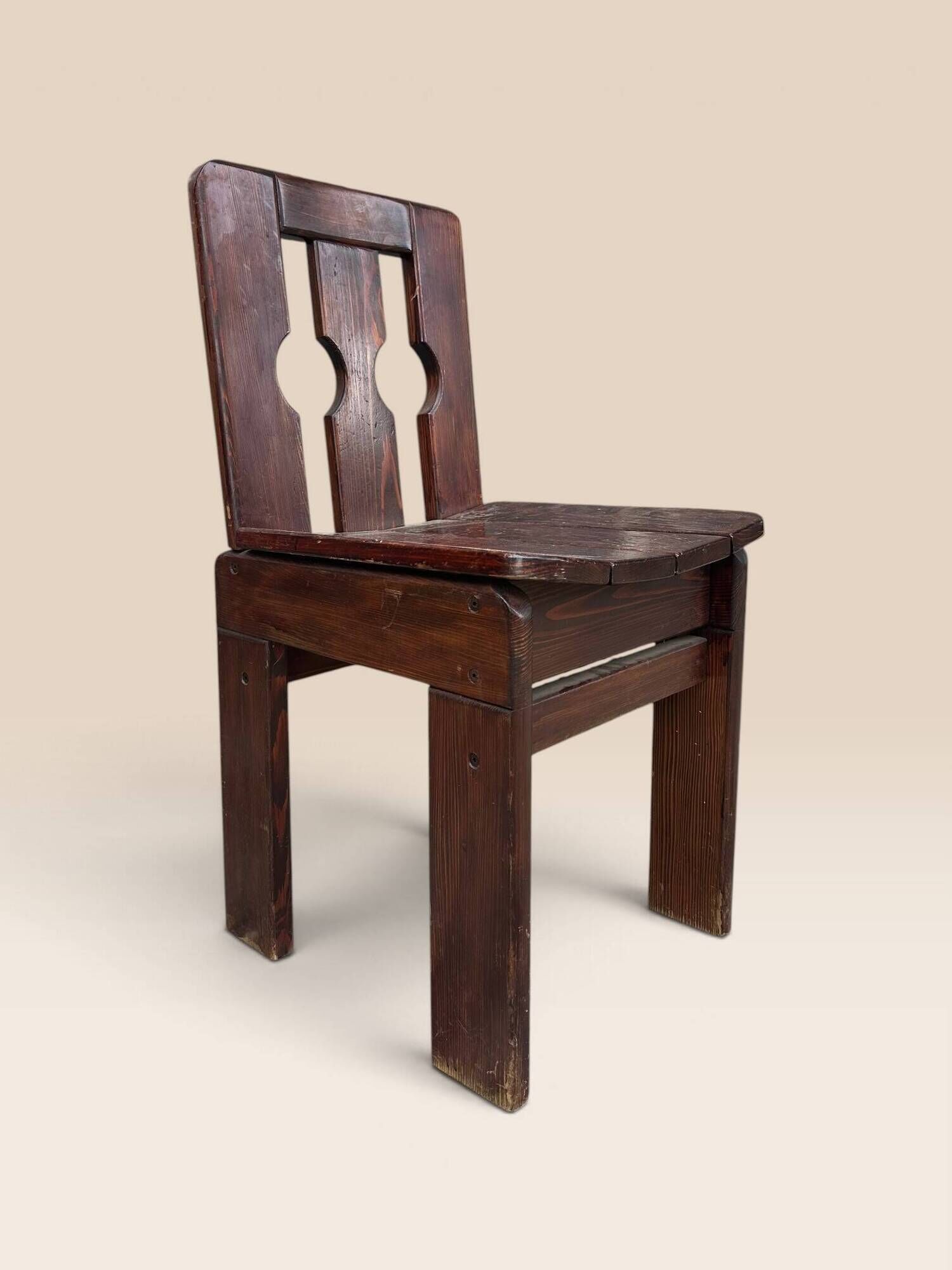 Set of five brutalist chairs in solid pine.