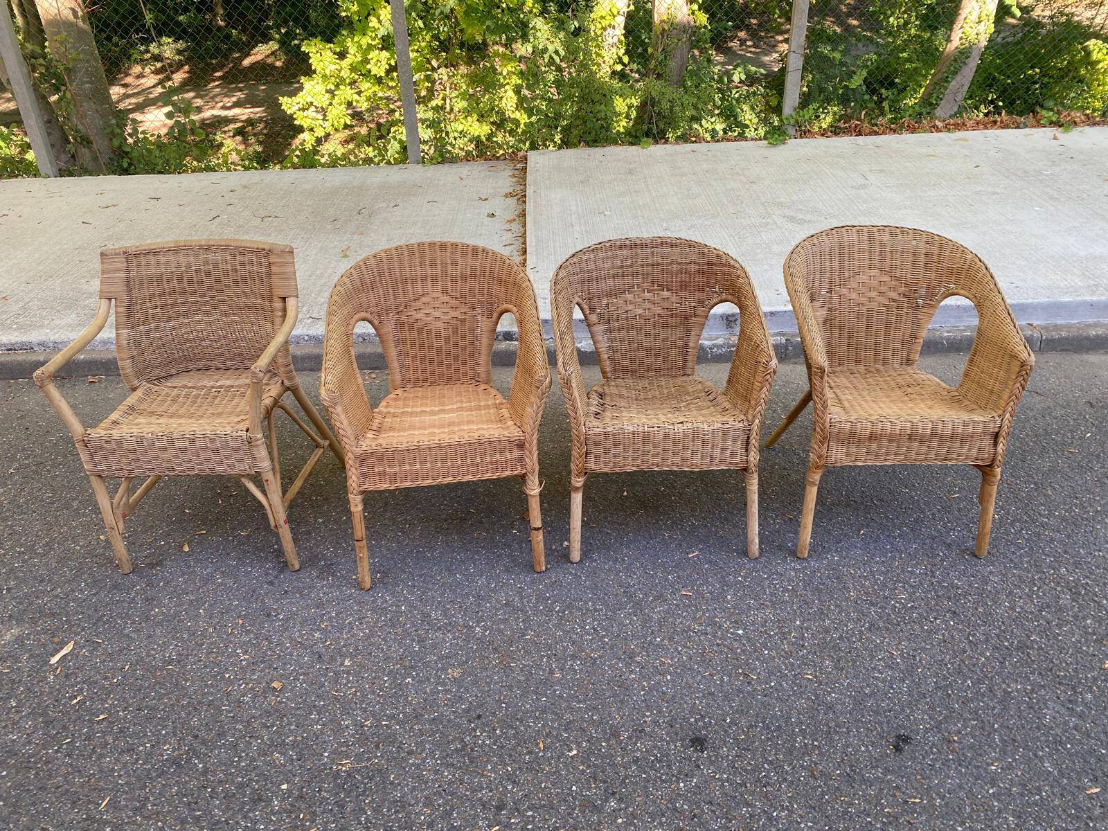 Rattan and woven wicker armchair in vintage bohemian style
