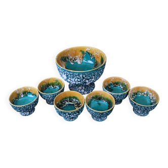 Salad bowl and its 6 Lava Green bowls in Vallauris style.