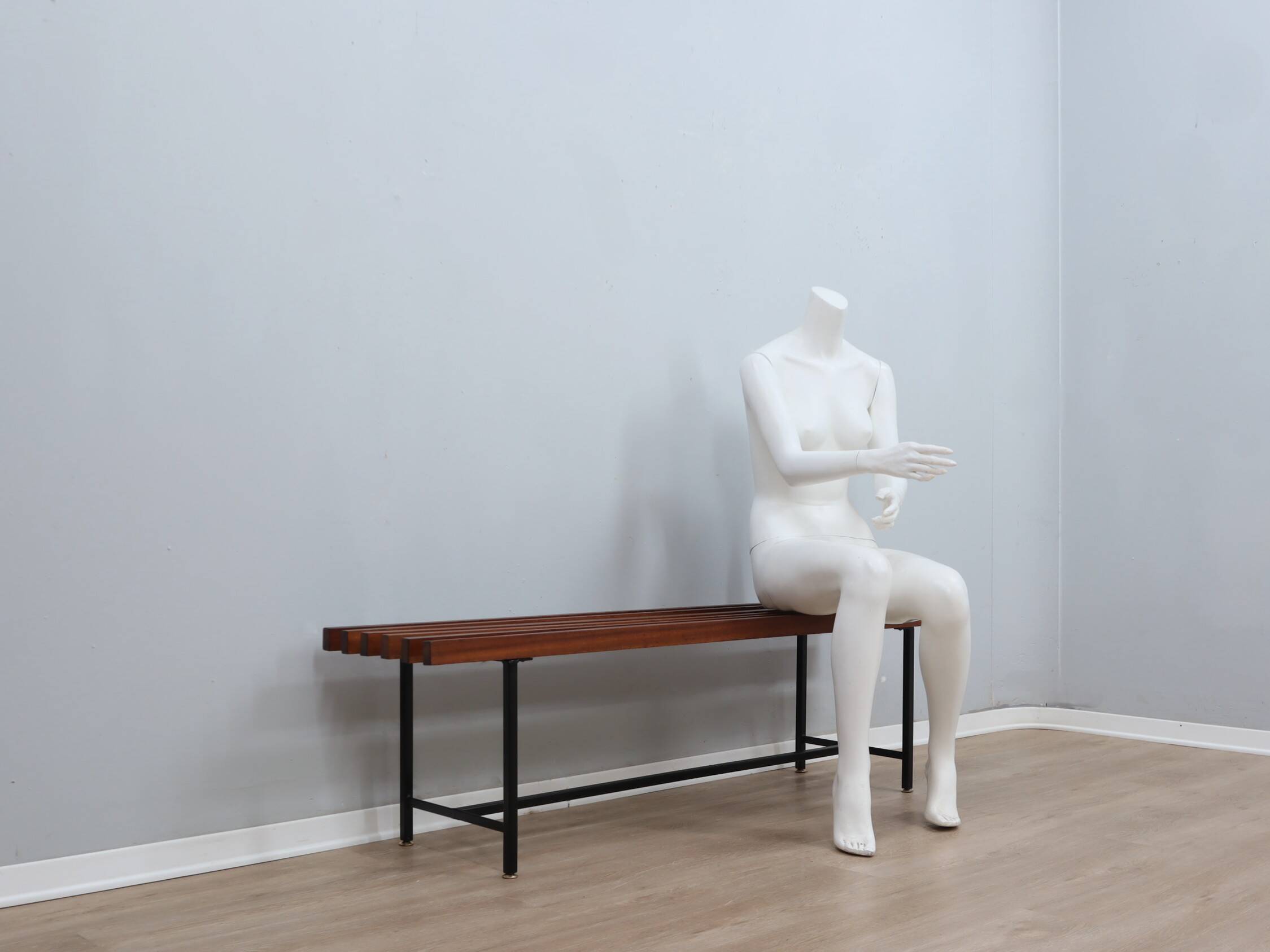 Mid-Century slatted teak bench with iron frame Italy 1950s