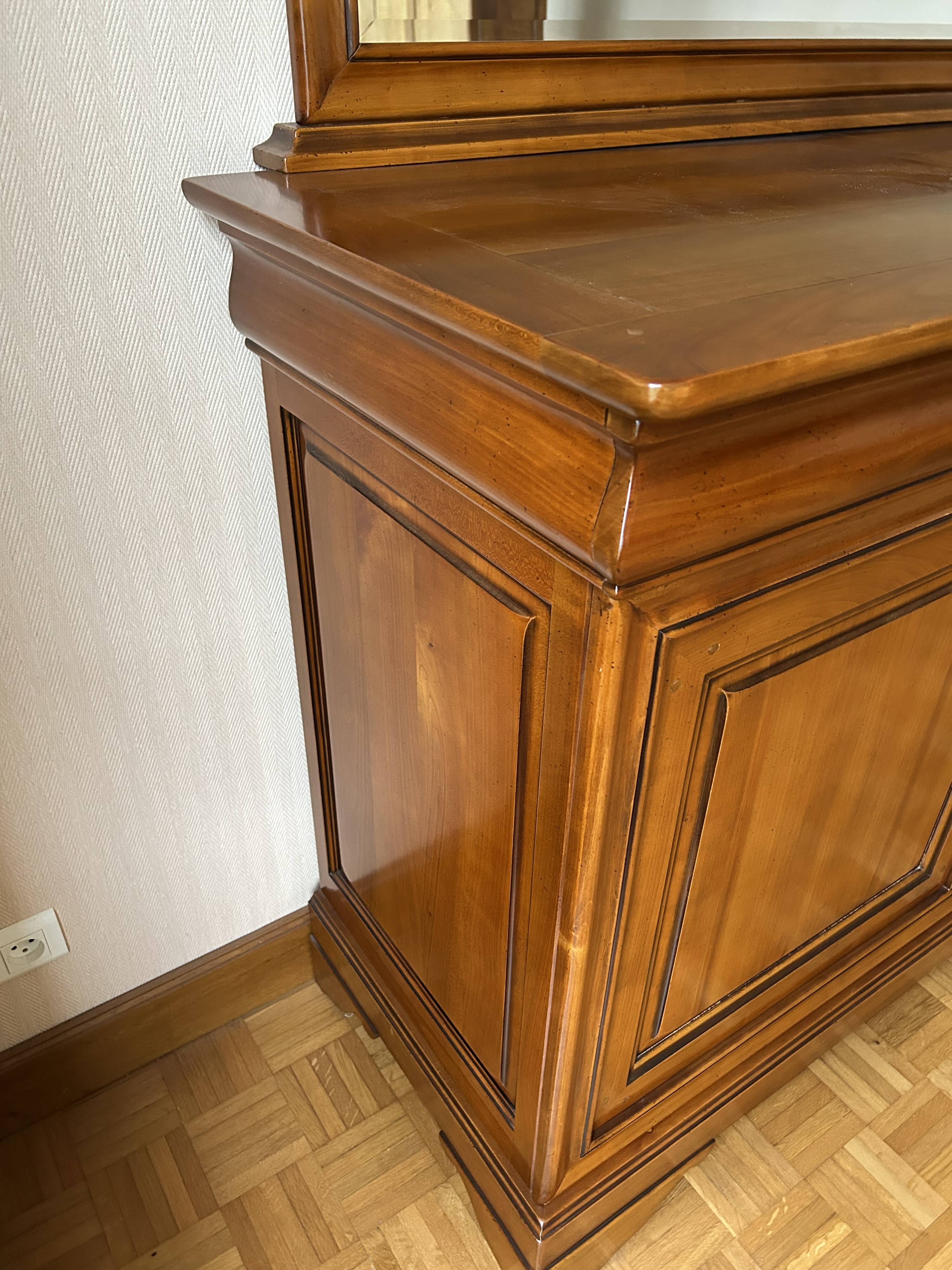 Solid cherry wood buffet Louis Philippe with 3 doors, 3 drawers + its mirror.