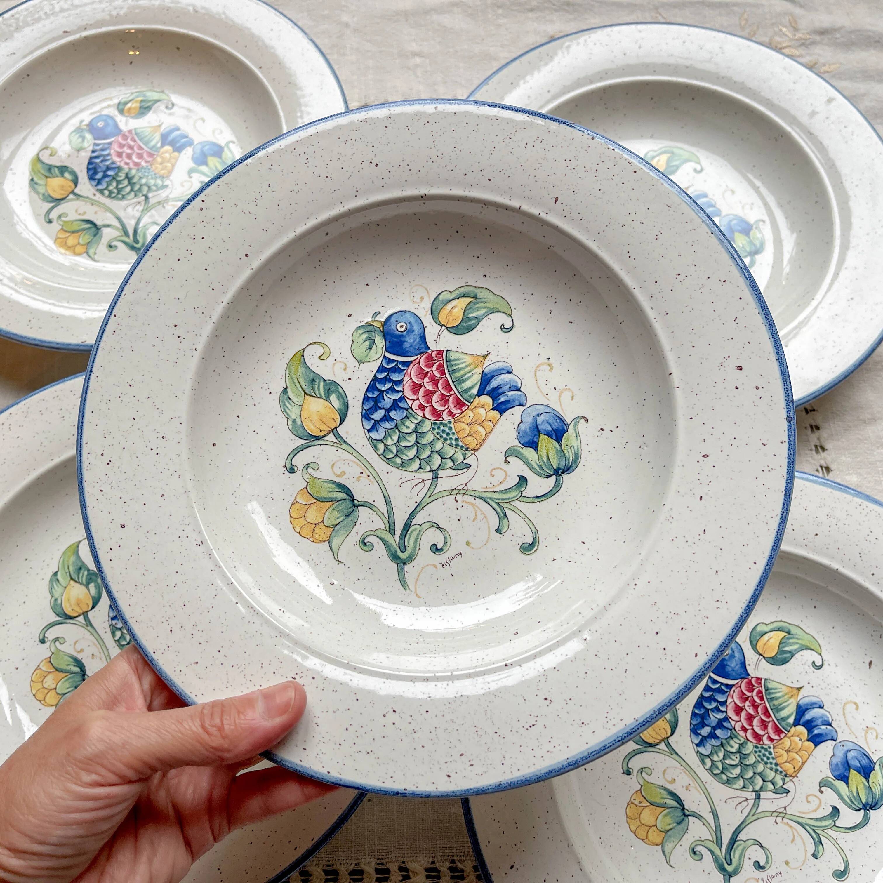 5 Italian speckled earthenware "Tiffany" soup plates - vintage bird motif
