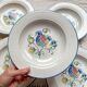 5 Italian speckled earthenware "Tiffany" soup plates - vintage bird motif