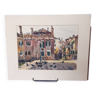 Aquarelle place aux pigeons