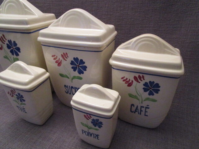 Set de 5 pots a épices anciens art-déco en faience de Lunéville modèle "Marcelle"