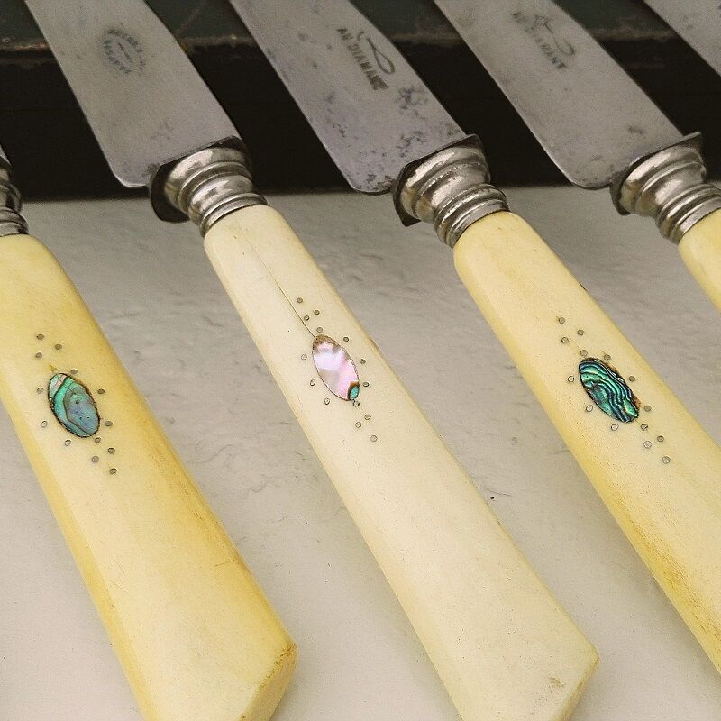 Six old bone handle knives and vintage mother-of-pearl