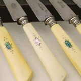 Six old bone handle knives and vintage mother-of-pearl