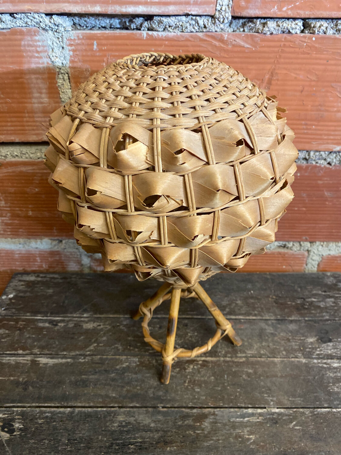 Vintage 50s Tiki Rattan Lamp + Woven Natural Fibre Ball