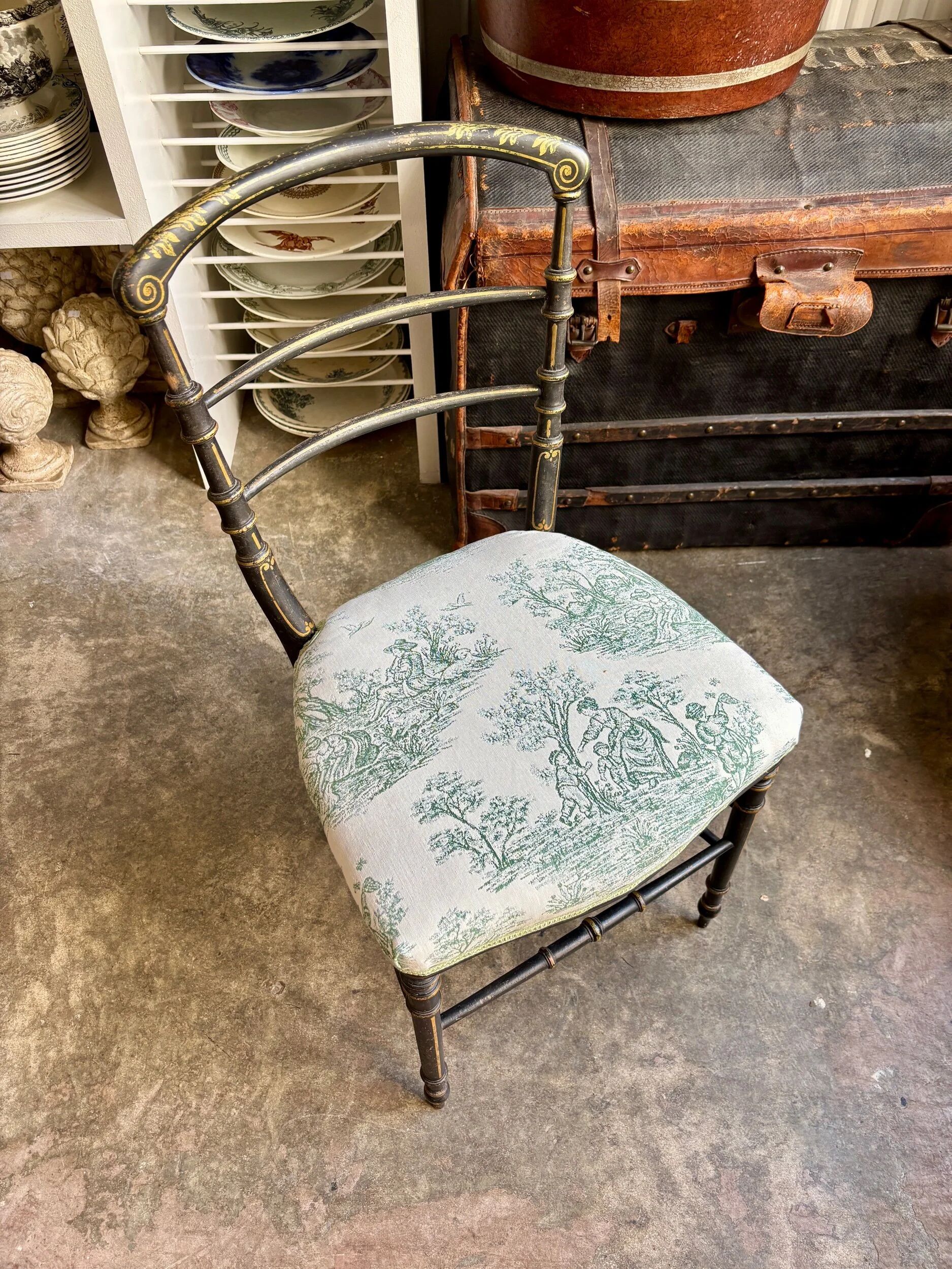 Napoleon III chair in blackened wood and green toile de Jouy.