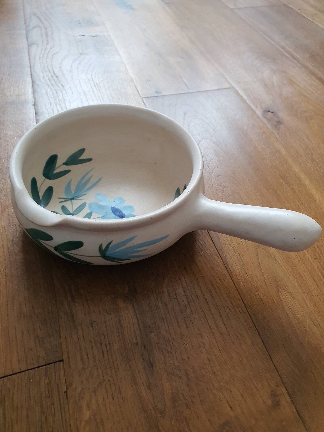 Vintage fondue pot, Marais pottery, hand-painted blue floral decoration