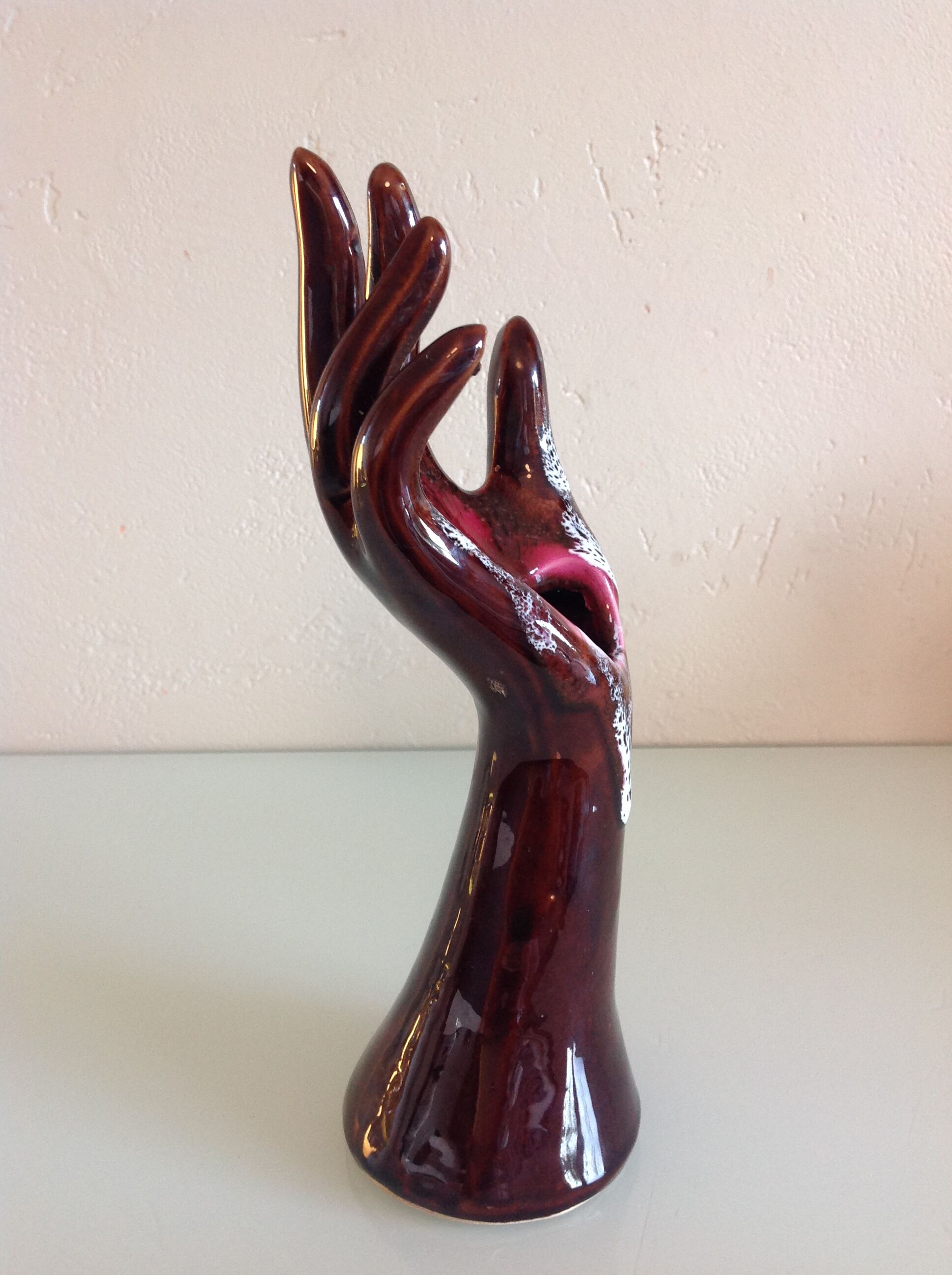 Hand baguier soliflore in brown ceramic, vintage 60/70s