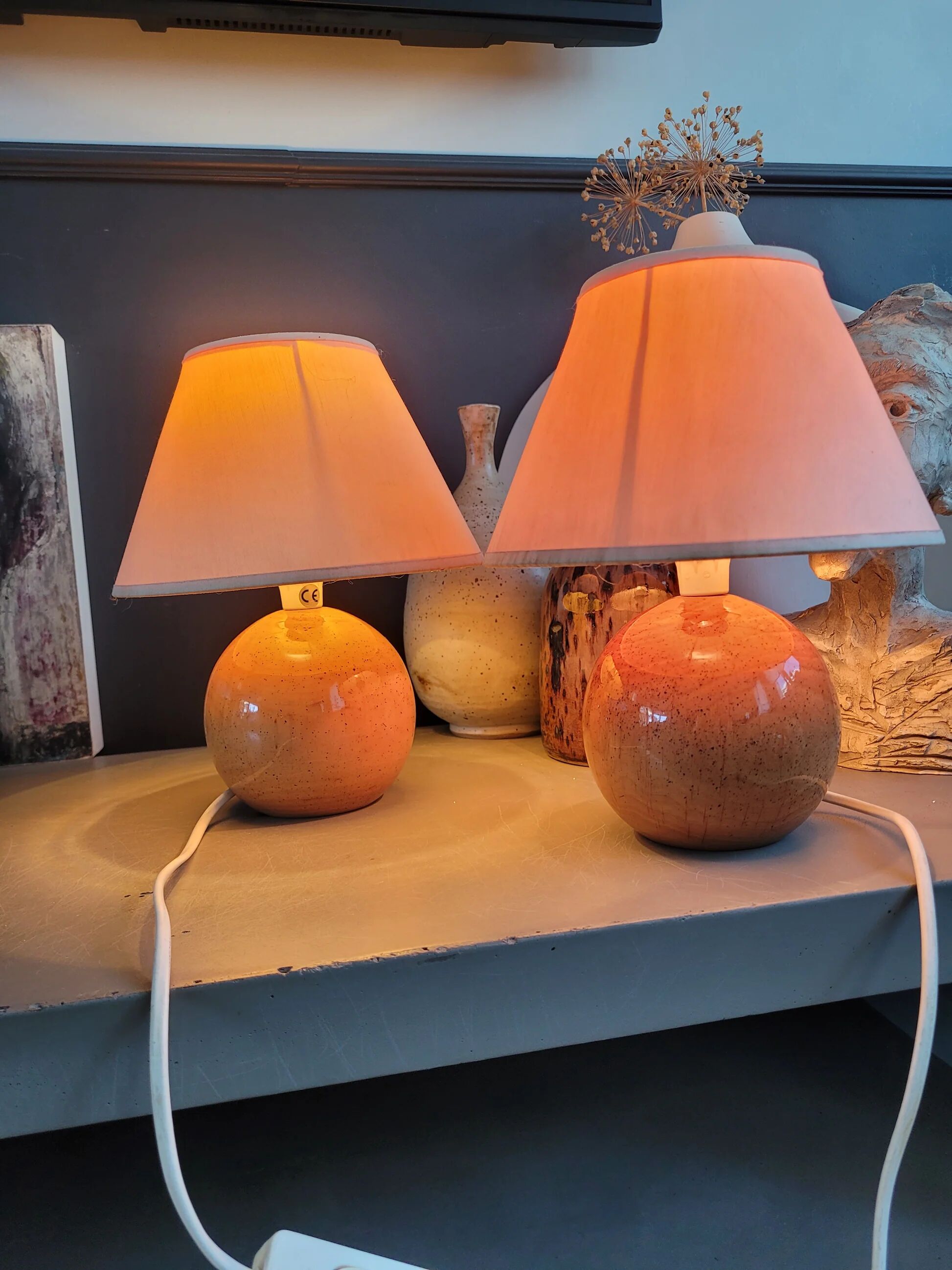 Pair of round base bedside lamps
