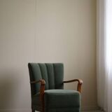 Danish Art Deco, set of 3 oak armchairs, reupholstered in green mohair, 1930s.