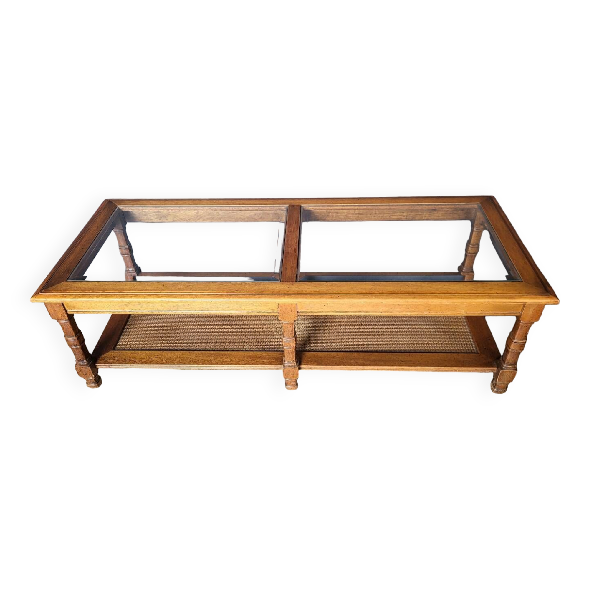 Authentic old coffee table in solid wood and rattan, beveled glass top
