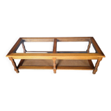 Authentic old coffee table in solid wood and rattan, beveled glass top