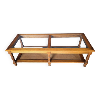 Authentique ancienne table basse en bois massif et rotin, dessus en verre biseauté