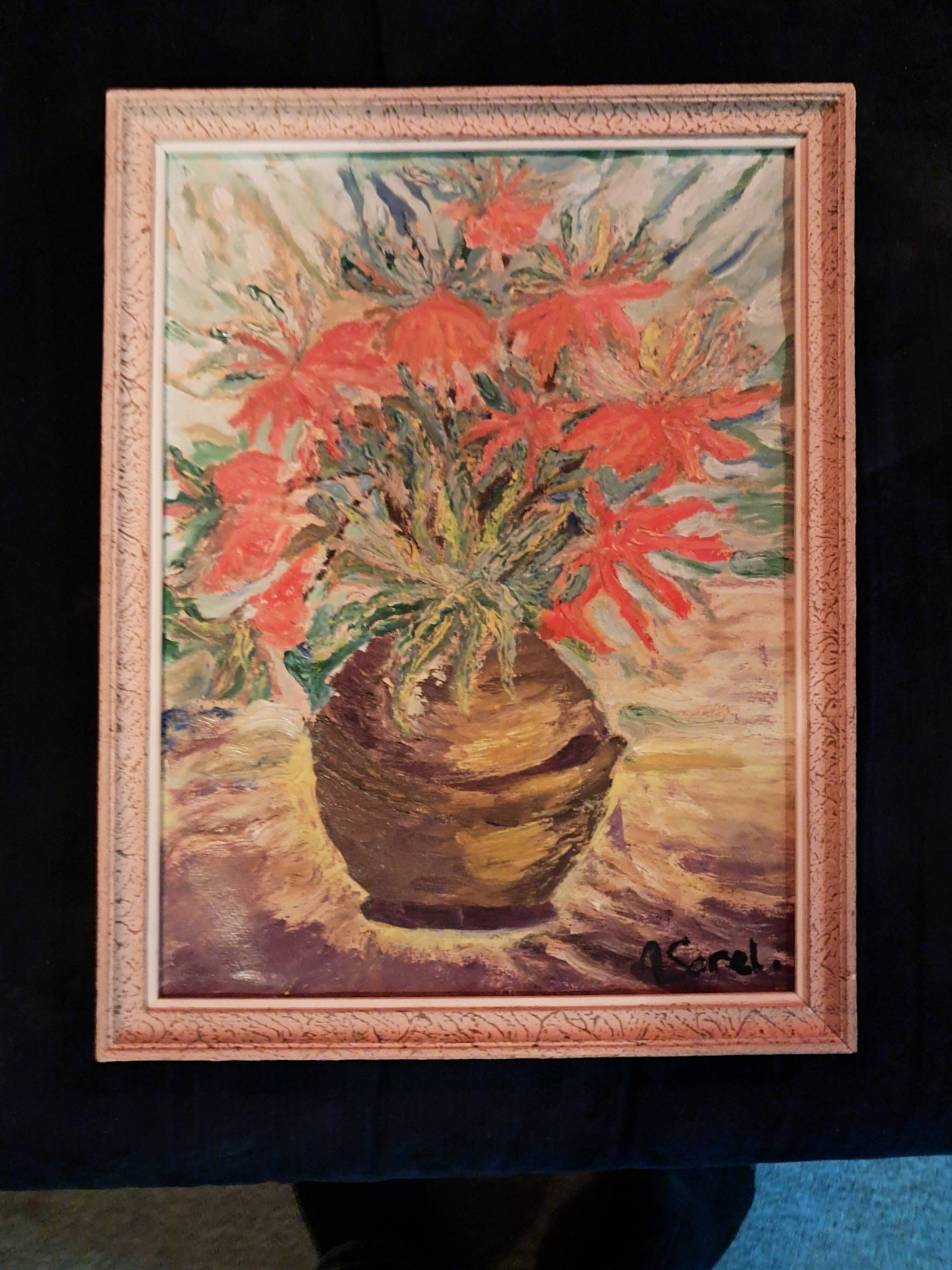 Tableau ancien à l'huile représentant un bouquet de fleurs