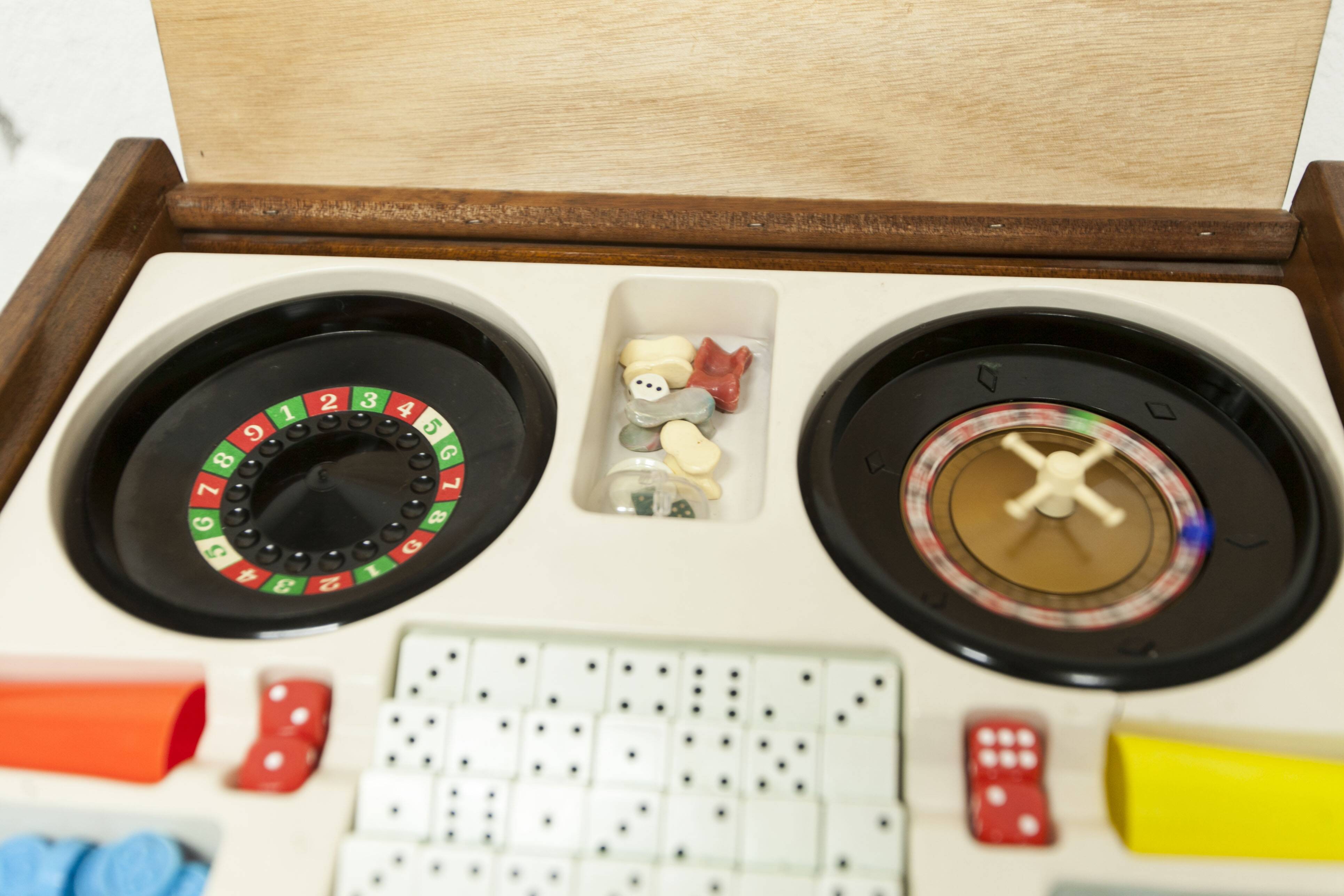 Unique 1960s bedside table with 15 complete games, compass legs, 1960s