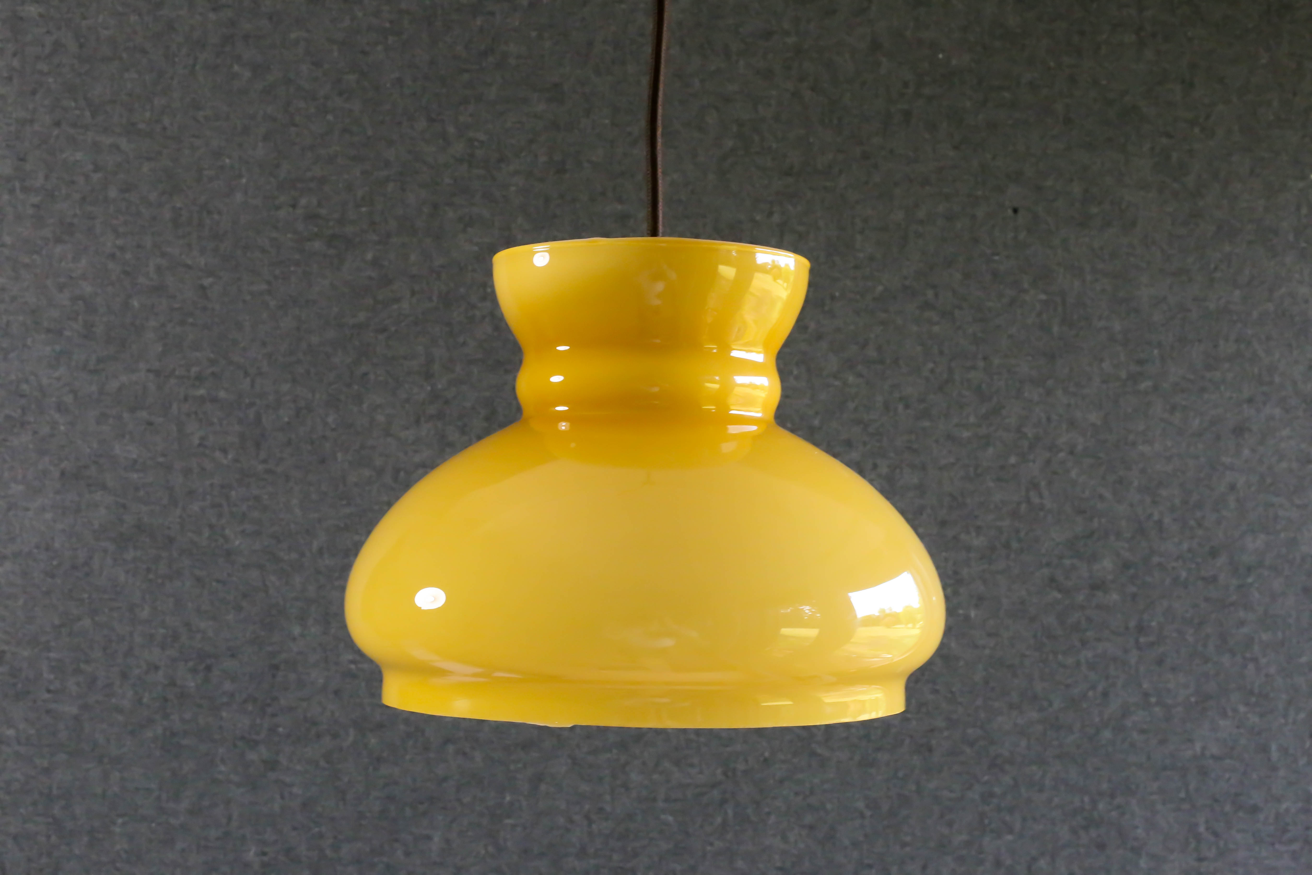Old yellow glass suspension, mounted with new cable and new socket - circa 1950