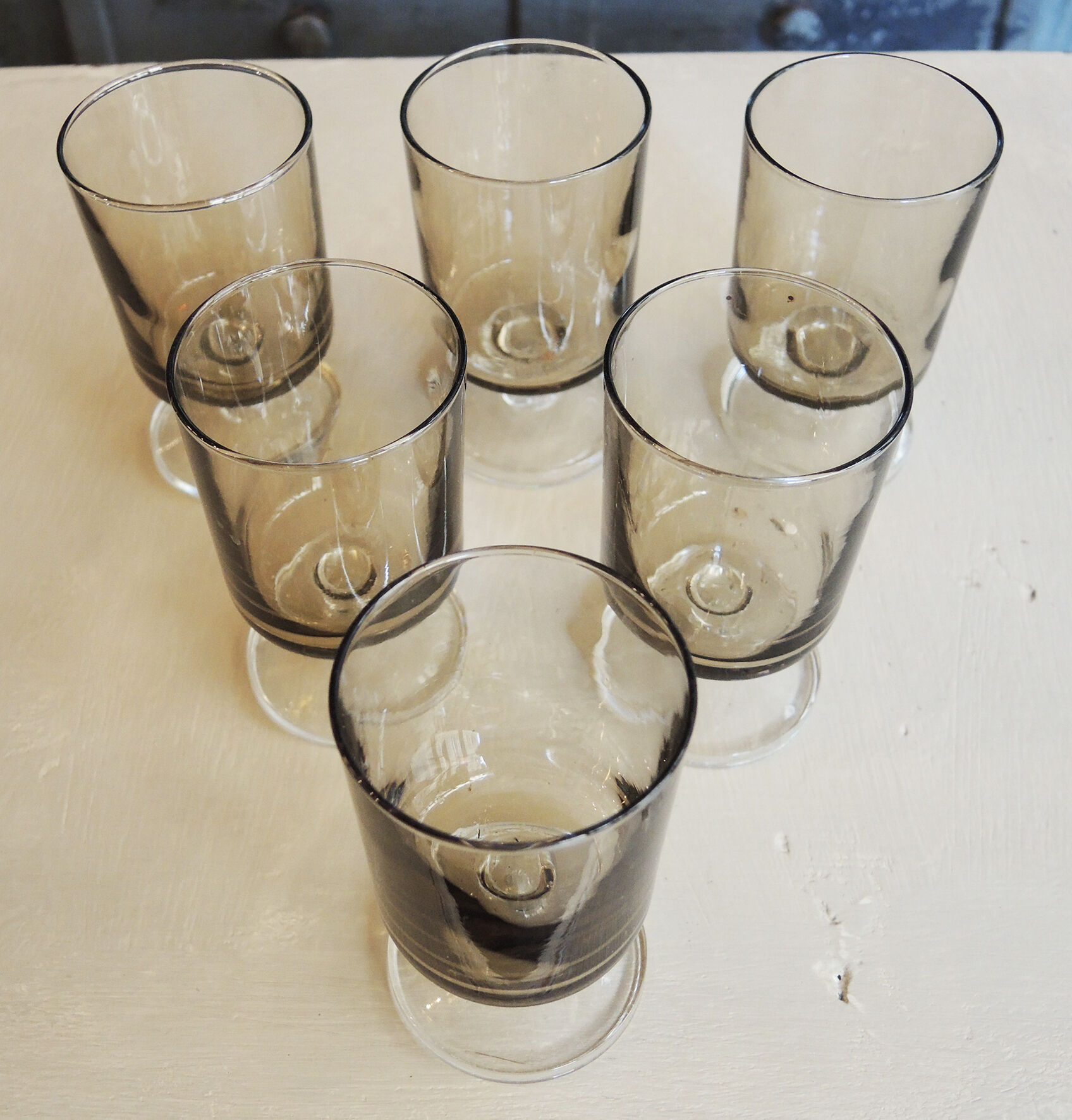 6 Old Luminarc Smoked Foot Glasses H11.5 cm