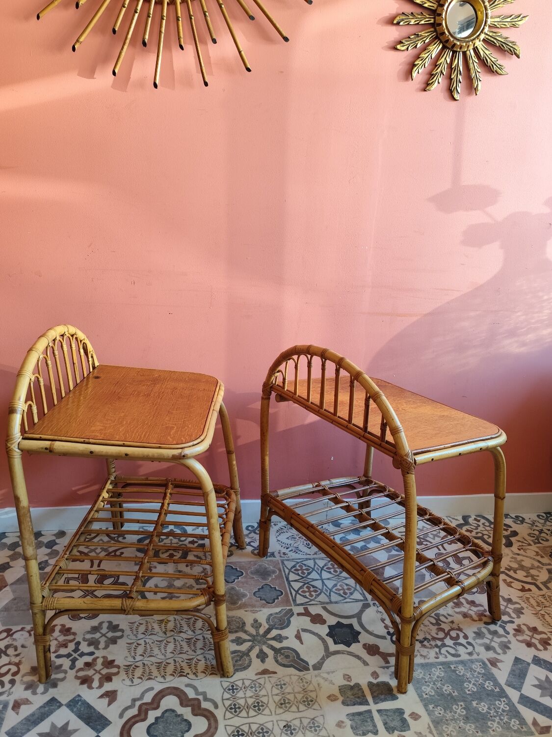Vintage rattan bedside tables