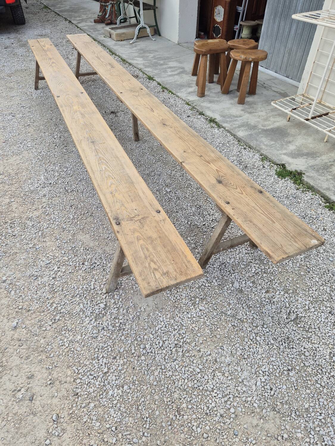 Pair of rustic oak and fir farmhouse benches 1900s - 3m85