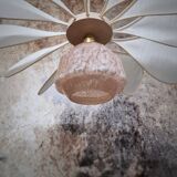 Flower pendant light 12 petals in linen and rattan with glass globe of Clichy