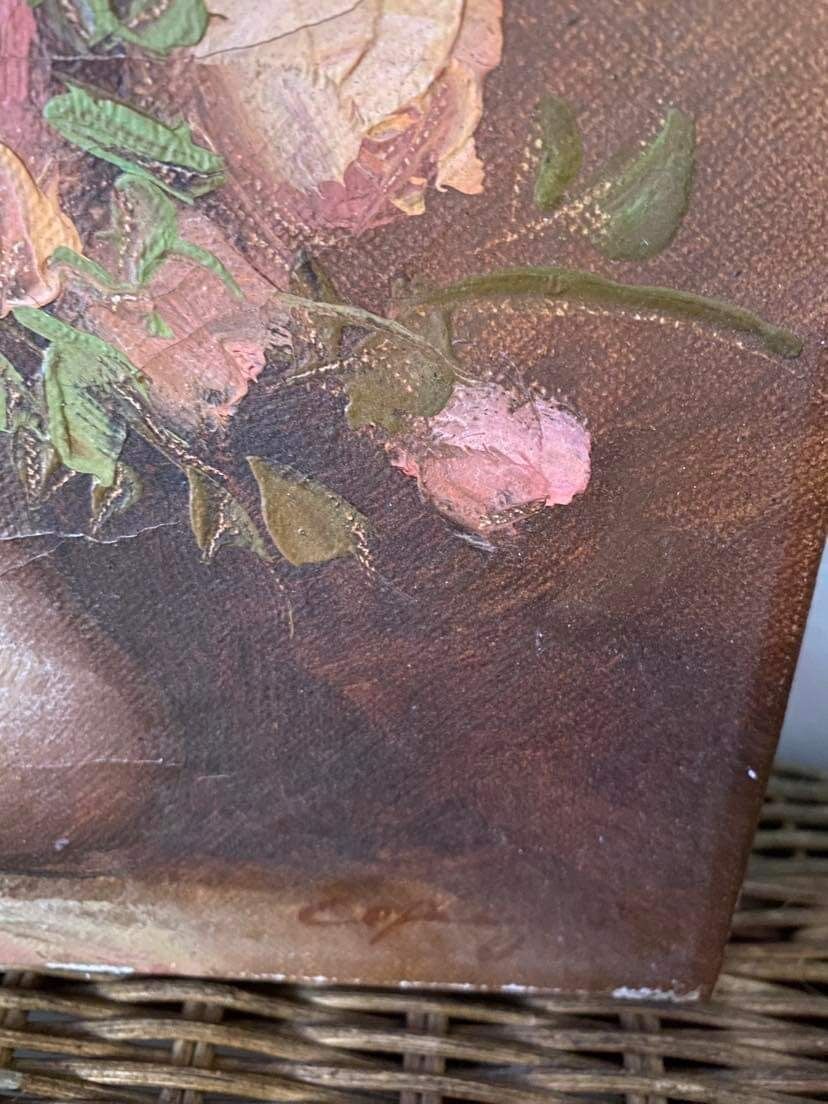 Painting on canvas pinks in a vase.