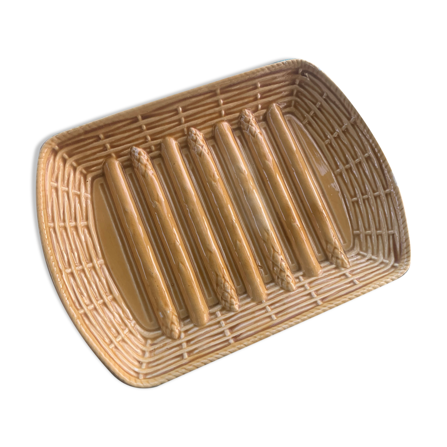 Dish for asparagus, slurry, glazed ceramic yellow sarreguemines France vintage