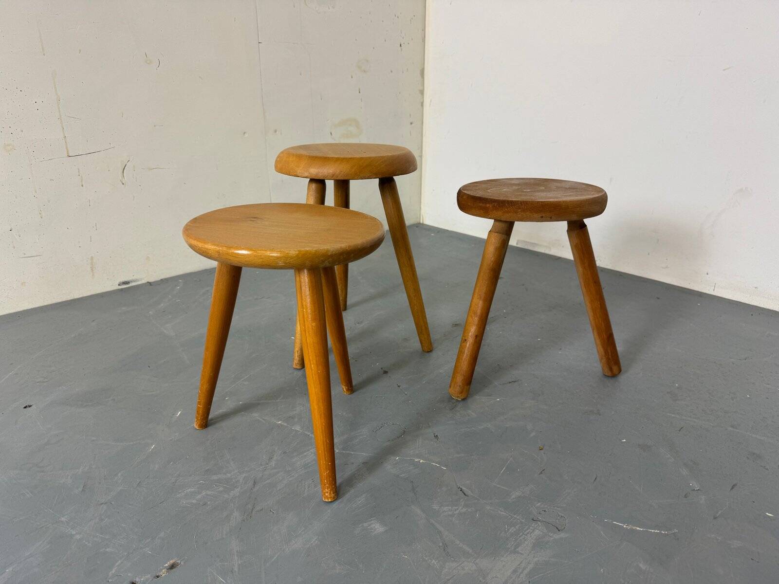 Mid-century French elm stools, 1950s, set of 3
