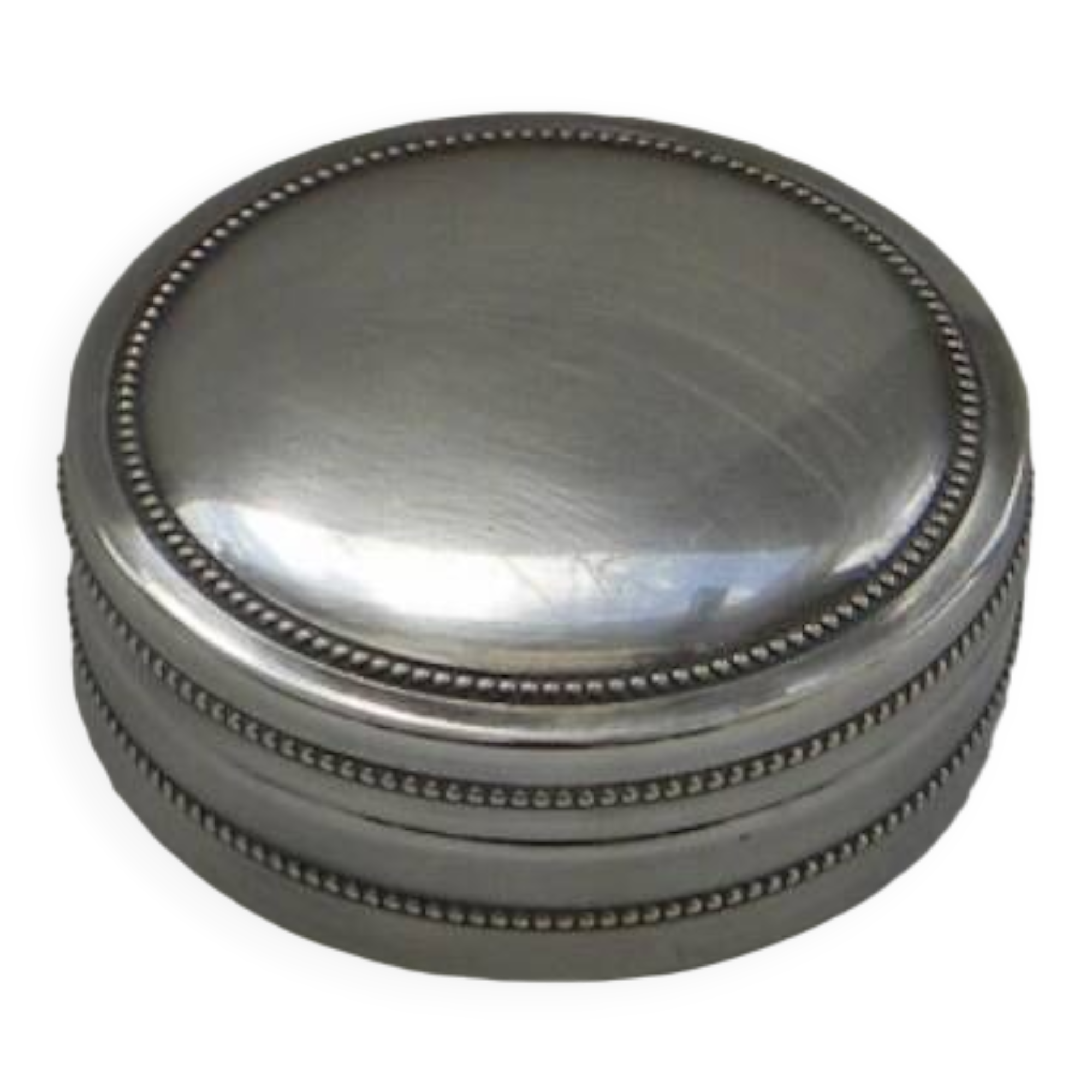 Small round silver metal box SNPA.