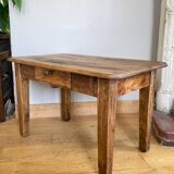Old coffee table in solid oak and walnut from the 19th century, one belt drawer