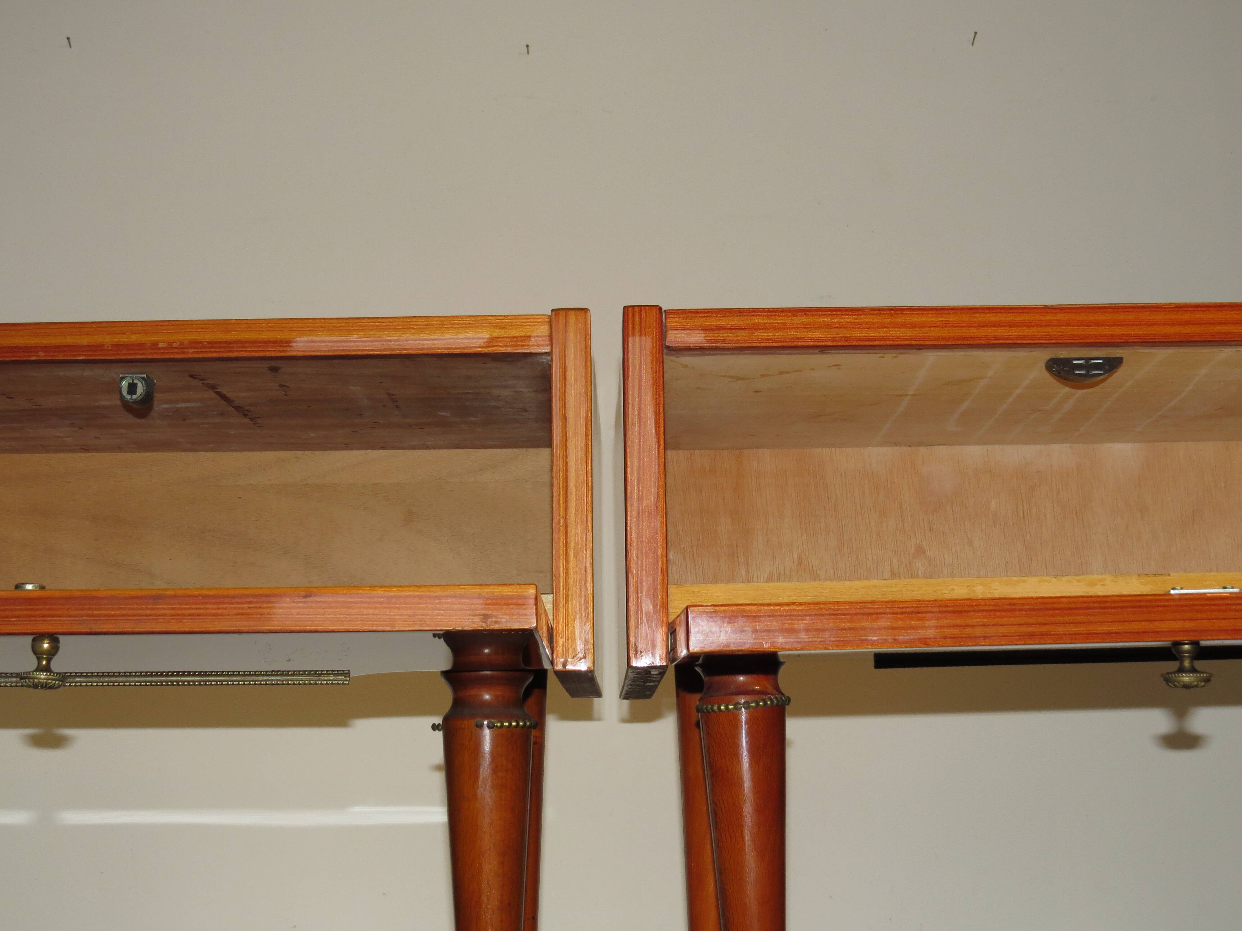 Pair of 60s veneer bedside tables with brass decorations