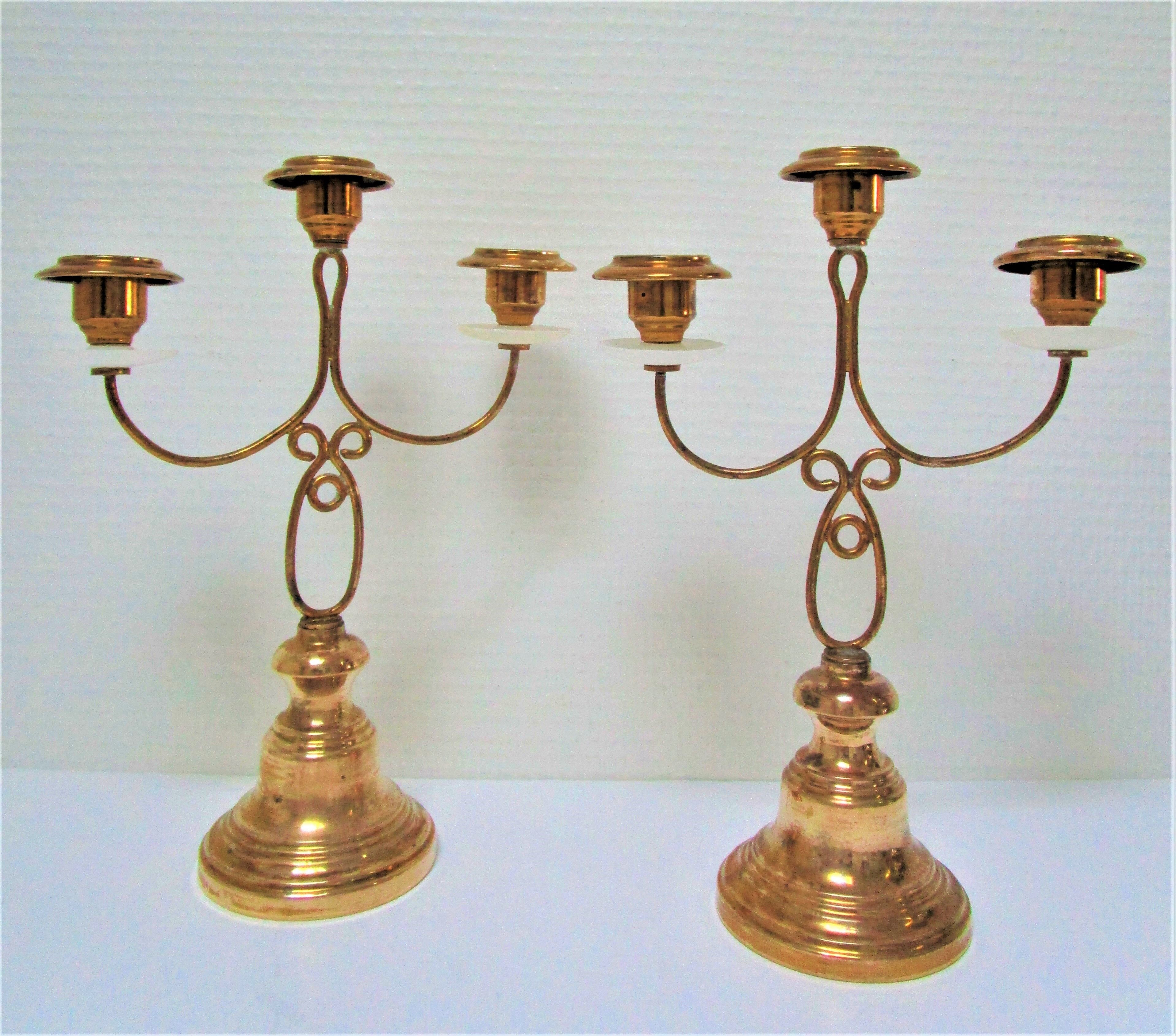 Pair of brass and three-pointed stone candelabra candle holders early twentieth century