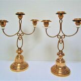 Pair of brass and three-pointed stone candelabra candle holders early twentieth century