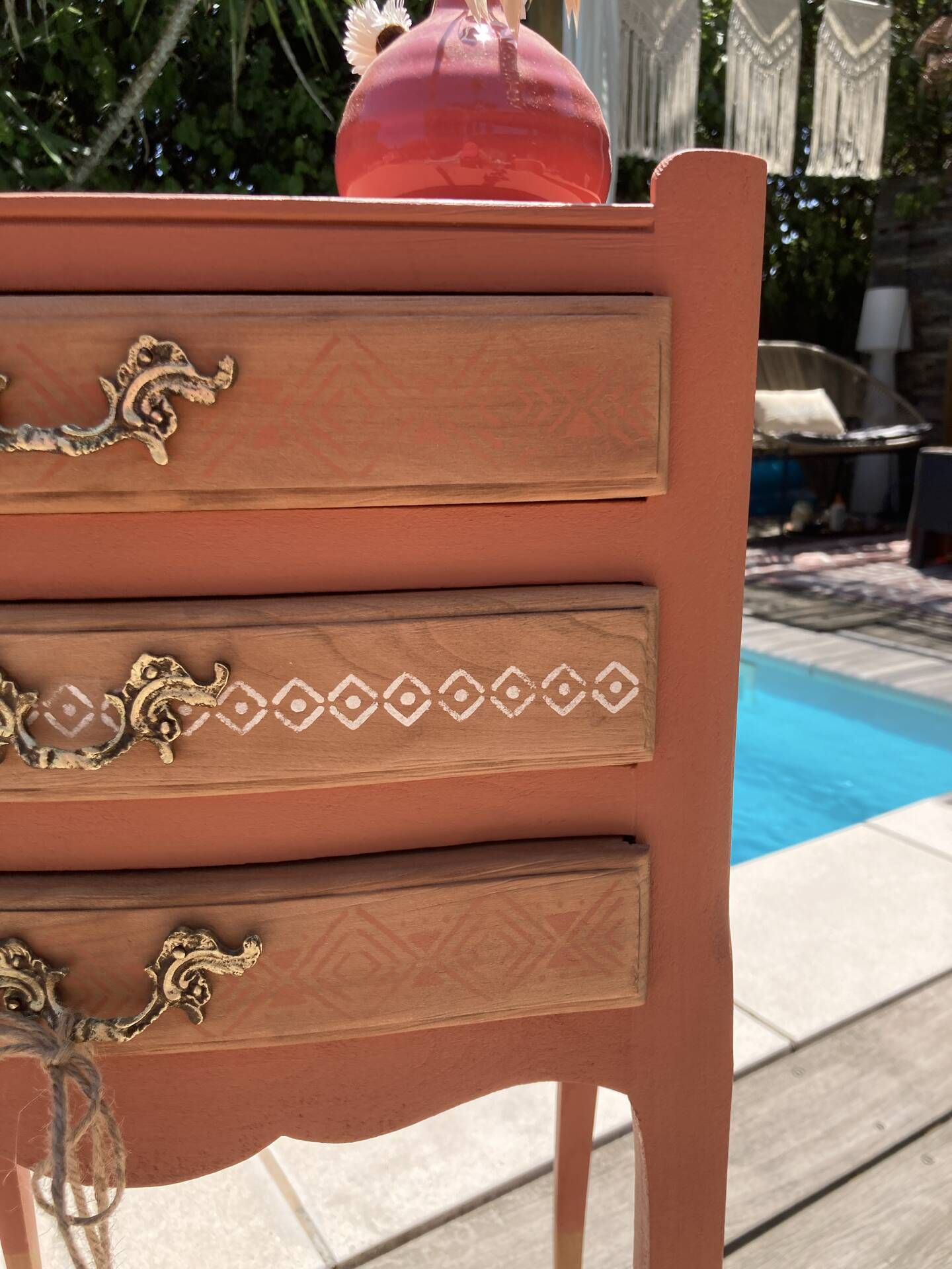 Pair of revamped bohemian / berber bedside tables with the heart "life is beautiful"
