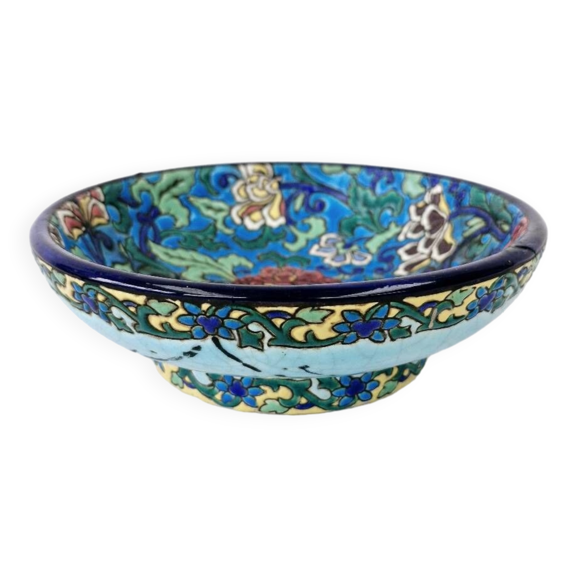 Old bowl on pedestal with raised edges art deco ceramic Longwy