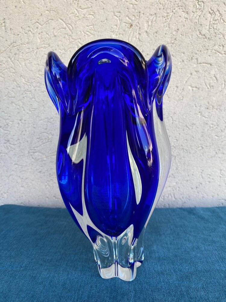 Vintage cobalt blue blown glass vase, organic shape from the 1960s.