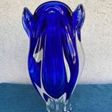 Vintage cobalt blue blown glass vase, organic shape from the 1960s.