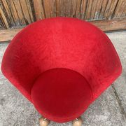 Vintage red cocktail chair in fabric, light wood ball feet - 1950s